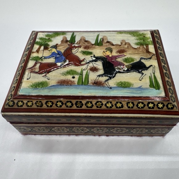Handmade Other - Persian‎ Khatam Wood Trinket Box Hand Made Inlaid With Hunting Scenes On Lid
